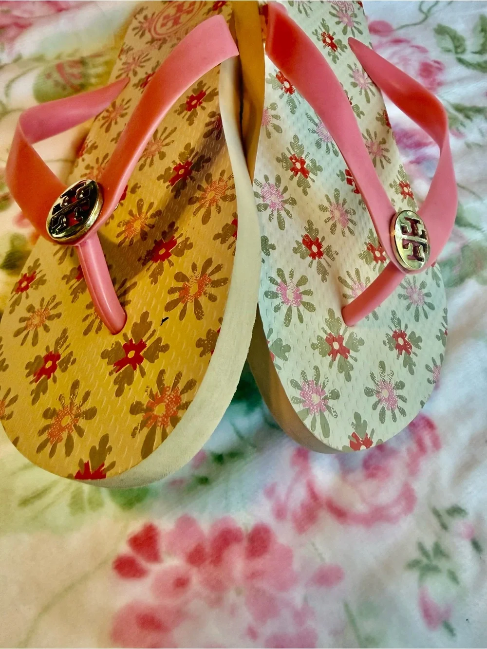 Tory Burch Pink Floral Flip Flop Sandals with Gold Logo Medallion